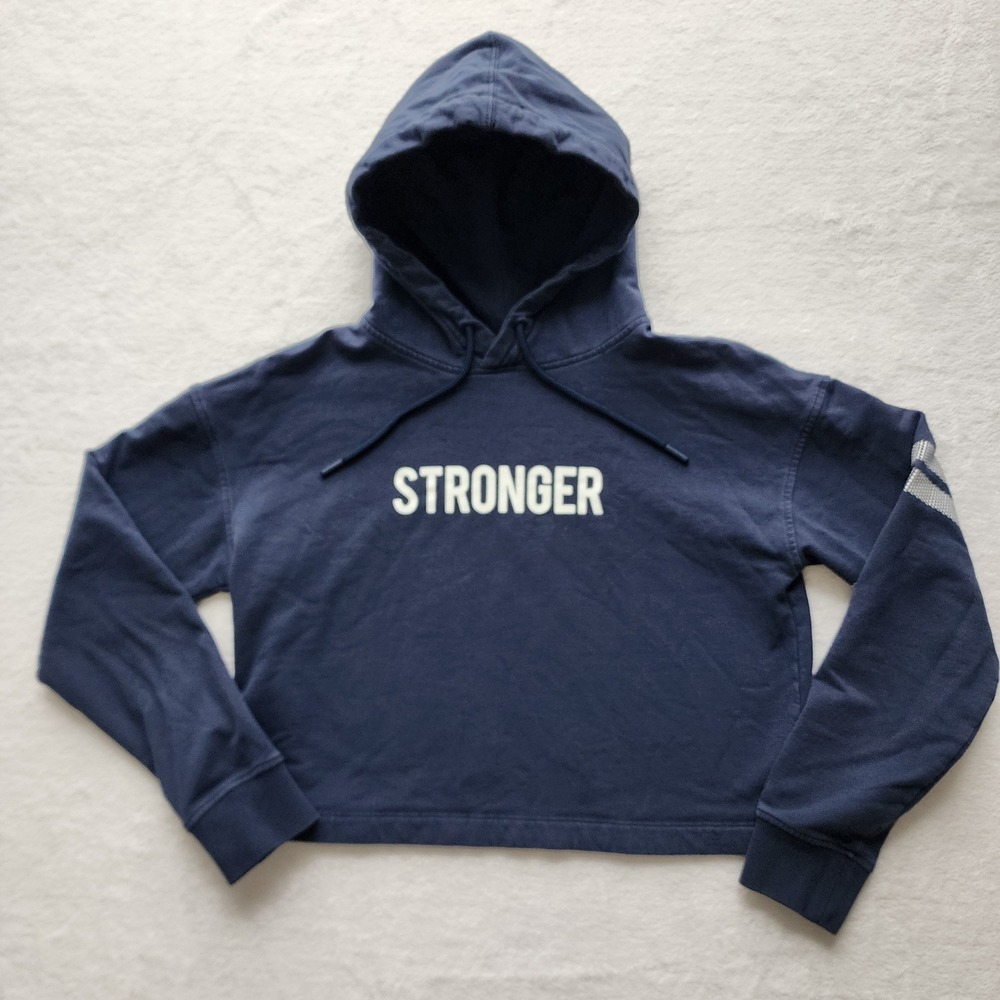 STRONGER Cropped Hoodie Womens‎ Small Navy Blue Graphic Logo Athleisure Gym